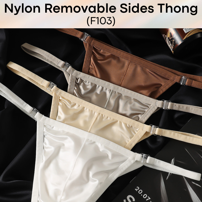 Men's Thong: Nylon Satin-Like Shiny Wide Thong with Removable Side Clip Buckle (F103)
