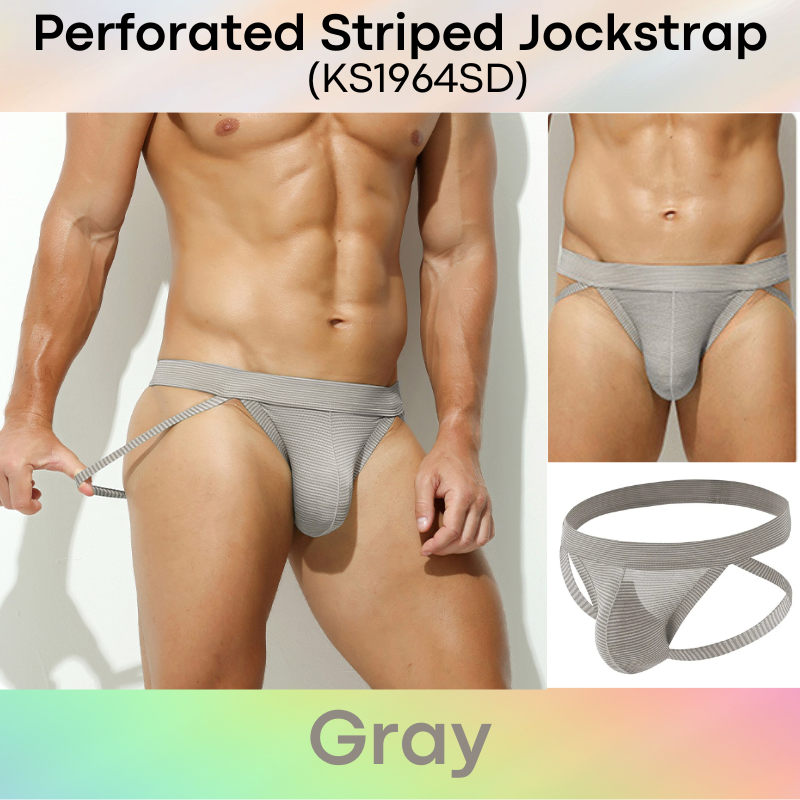 Men's Jockstrap: Polyester Tiny Perforated Striped Jockstrap Underwear (KS1964SD)