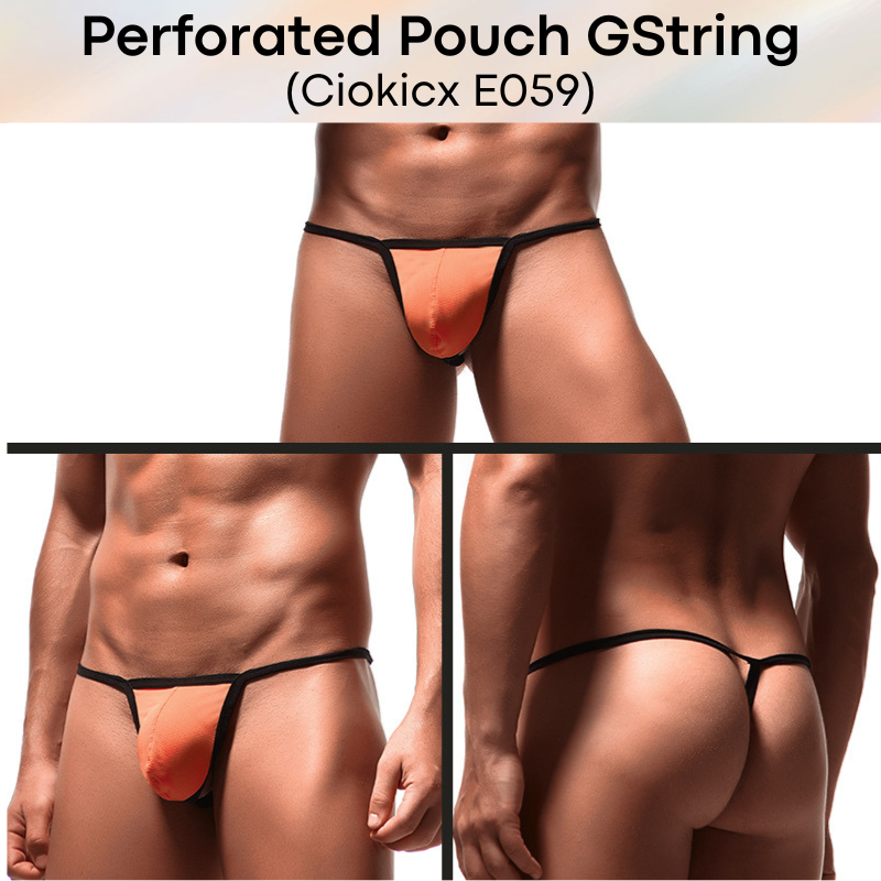 Men's GString: Perforated Large Pouch GString Underwear (E059)