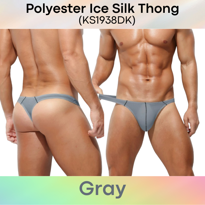 Men's Thong: Polyester Ice Silk Thin Low Waist Thong Underwear (KS1938DK)