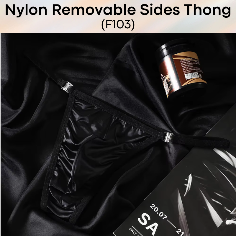 Men's Thong: Nylon Satin-Like Shiny Wide Thong with Removable Side Clip Buckle (F103)