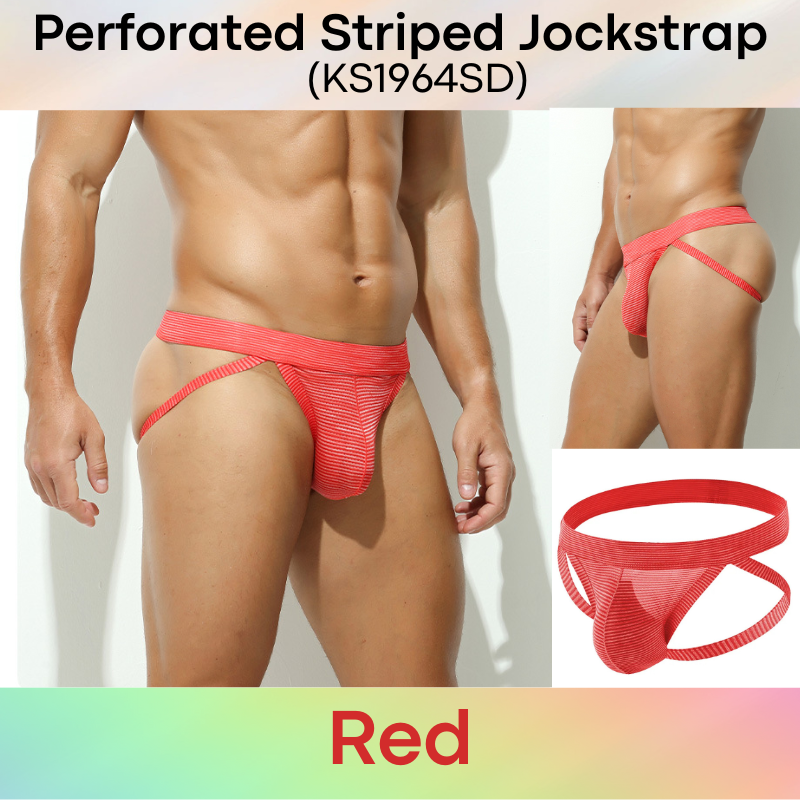 Men's Jockstrap: Polyester Tiny Perforated Striped Jockstrap Underwear (KS1964SD)