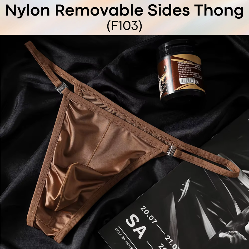 Men's Thong: Nylon Satin-Like Shiny Wide Thong with Removable Side Clip Buckle (F103)