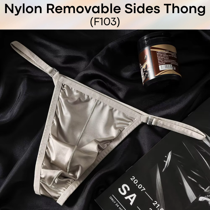 Men's Thong: Nylon Satin-Like Shiny Wide Thong with Removable Side Clip Buckle (F103)