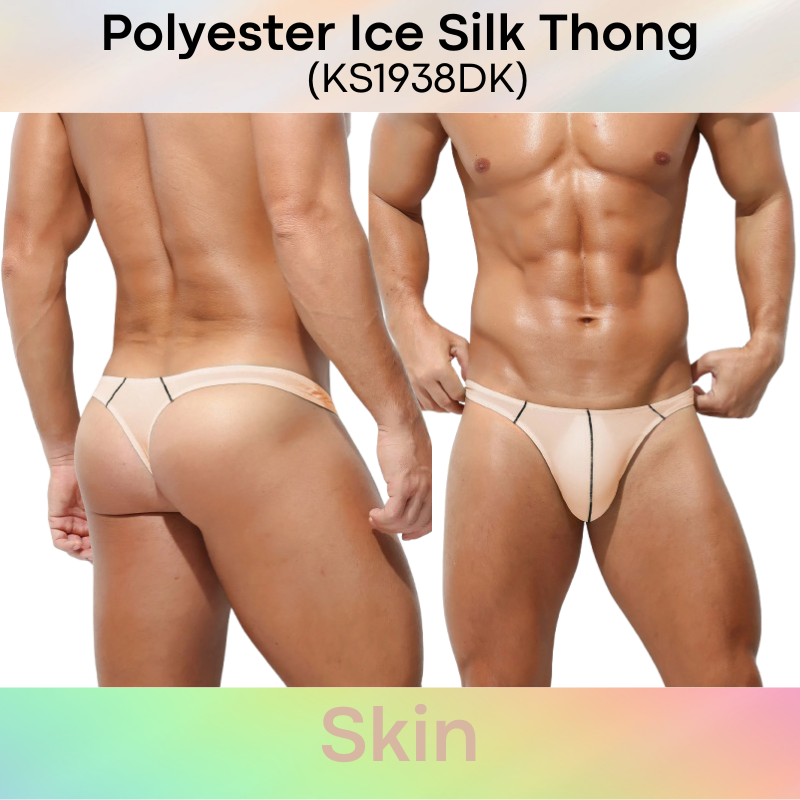 Men's Thong: Polyester Ice Silk Thin Low Waist Thong Underwear (KS1938DK)