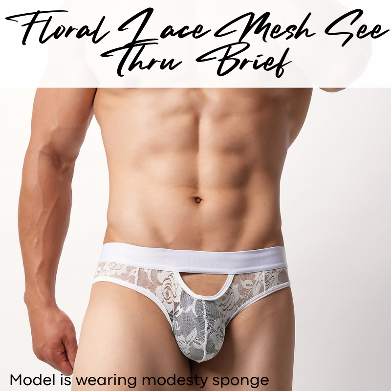 Men's Brief: Polyester Floral Lace Mesh See Through Brief Underwear (E203)
