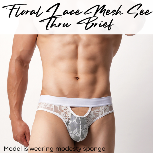 Men's Brief: Polyester Floral Lace Mesh See Through Brief Underwear (E203)