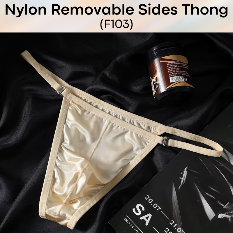 Men's Thong: Nylon Satin-Like Shiny Wide Thong with Removable Side Clip Buckle (F103)