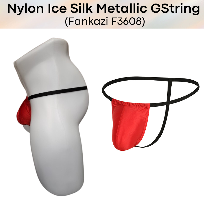 Men's GString: Nylon Ice Silk Slidable 3D Pouch Low Rise Metallic Colour GString Underwear (F3608)