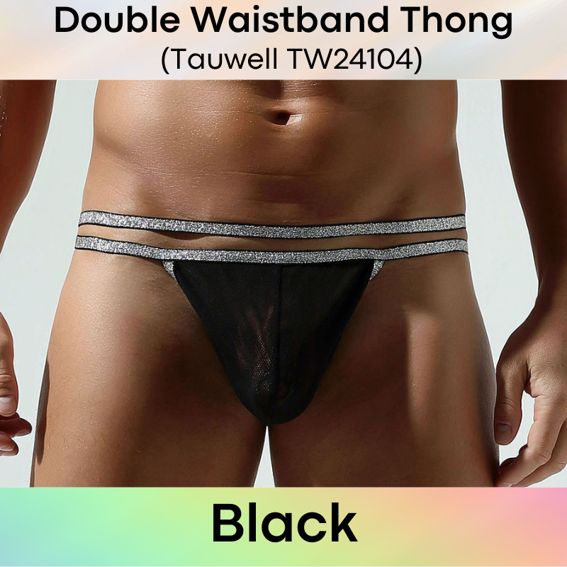 Men's Thong : Double Shiny Waistband Mesh Thong Underwear (Tauwell TW24104)