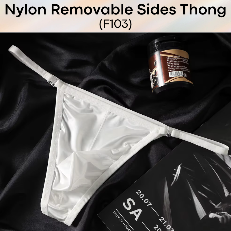 Men's Thong: Nylon Satin-Like Shiny Wide Thong with Removable Side Clip Buckle (F103)