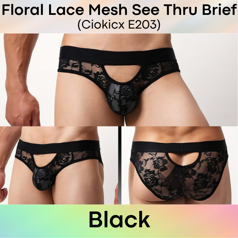 Men's Brief: Polyester Floral Lace Mesh See Through Brief Underwear (E203)