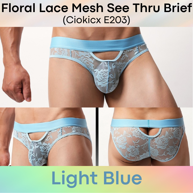 Men's Brief: Polyester Floral Lace Mesh See Through Brief Underwear (E203)