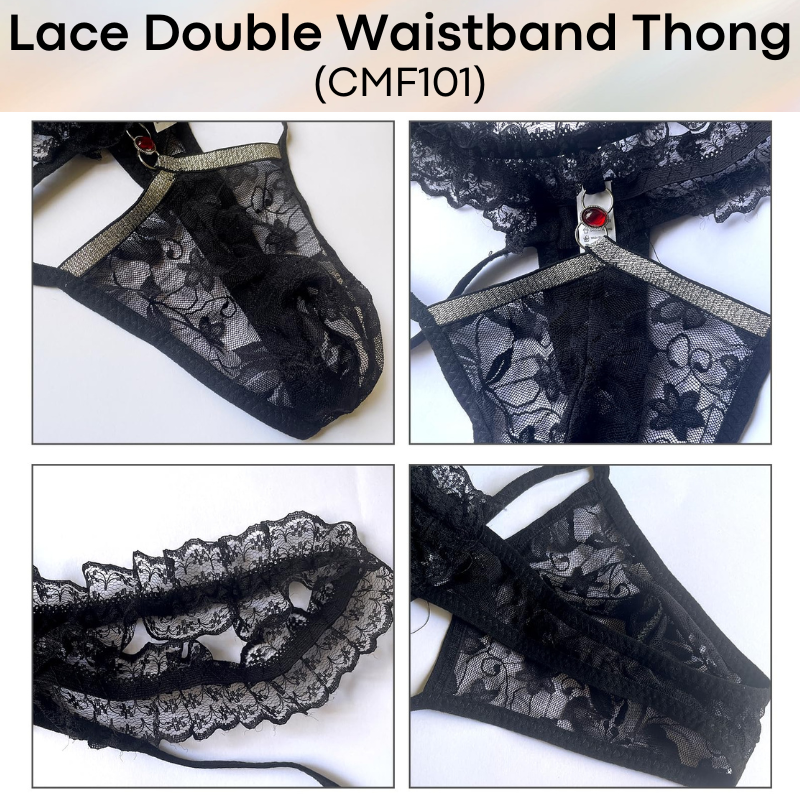 Men's Thong: Polyester Floral Lace Double Waistband Thong Underwear (CMF101)