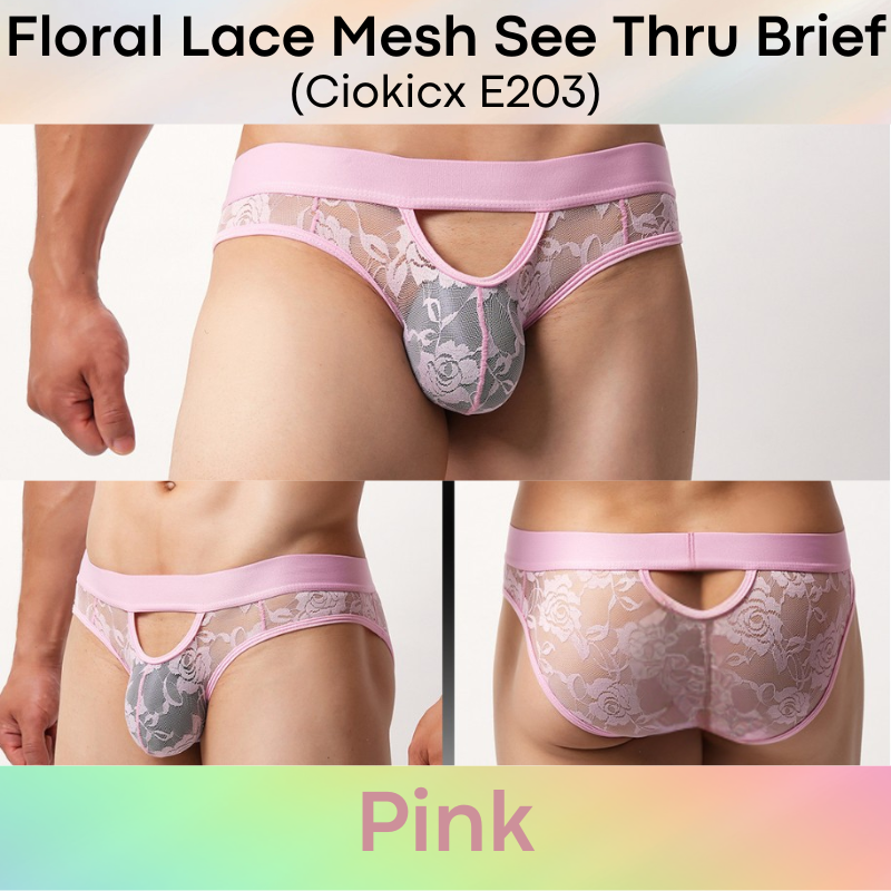 Men's Brief: Polyester Floral Lace Mesh See Through Brief Underwear (E203)