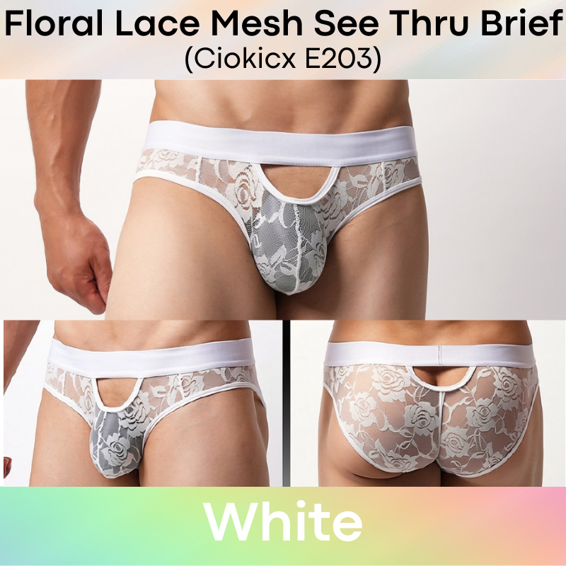 Men's Brief: Polyester Floral Lace Mesh See Through Brief Underwear (E203)