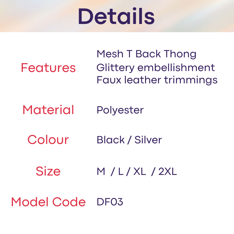 Men's Thong: Polyester Mesh Thong with Glittery Embellishment and Faux Leather Trimmings (DF03)