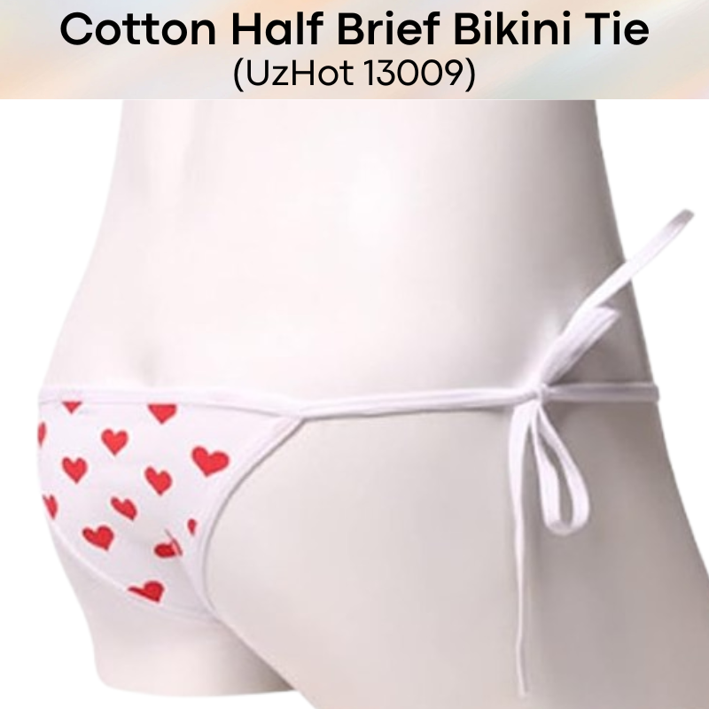 Men's Brief: Red Heart Print Bikini Tie Half Brief (UH13009)