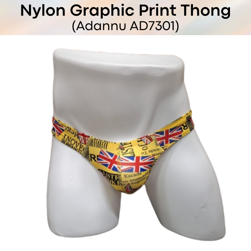 Men's Thong: Nylon Graphic Print Low Waist T Back Thong Underwear (AD7301)