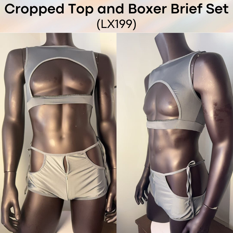 Men's Boxer: Polyester Gray Crop Top and Zipper Boxer Brief Set (LX199)