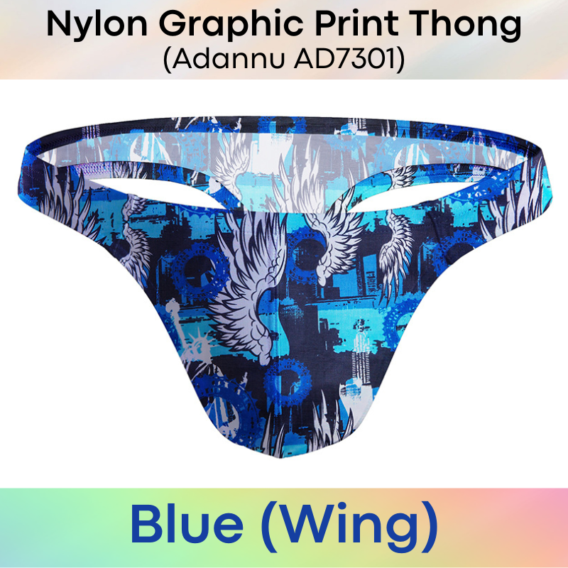 Men's Thong: Nylon Graphic Print Low Waist T Back Thong Underwear (AD7301)