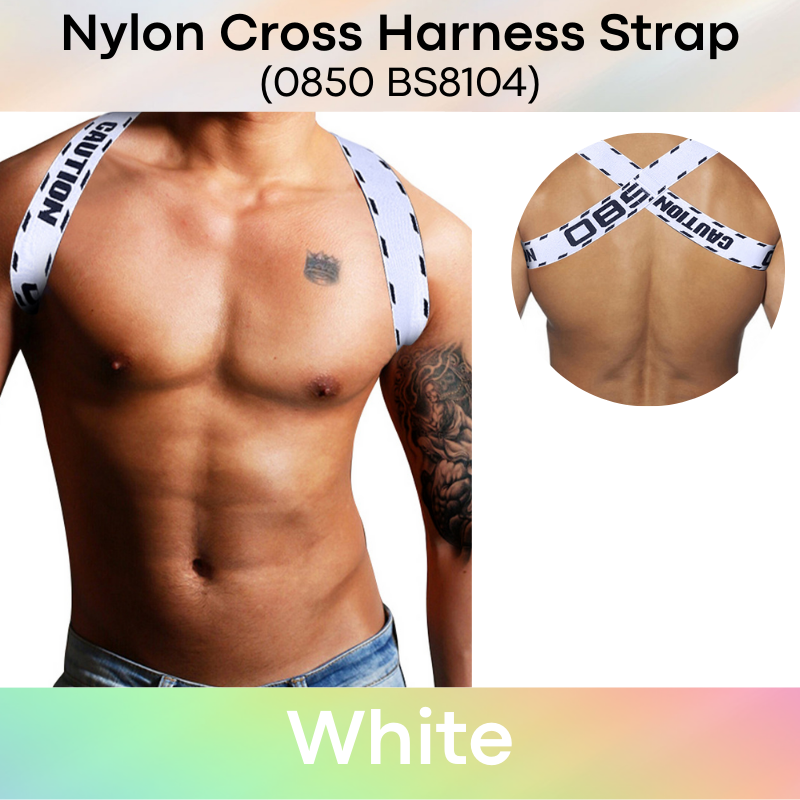 Men's Strap: Nylon Spandex Harness Back Cross Strap with Logo/Text "0850 Caution" (BS8104)
