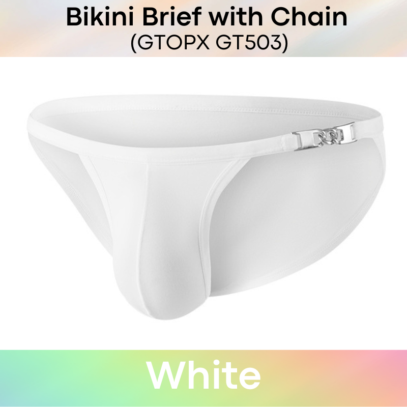 Men's Brief: Nylon Bikini Brief with Non-Removable Side Metal Chain (GT503)