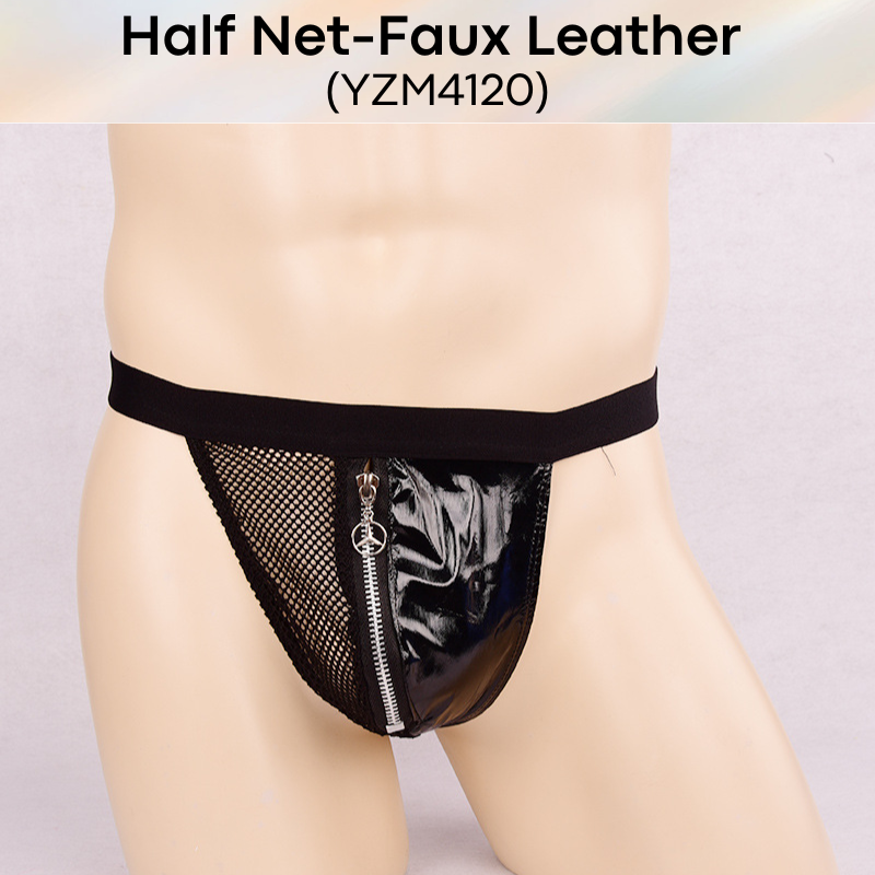 Men's GString: Half Net Half Faux Leather with Zipper Pouch GString Underwear (YZM4120)