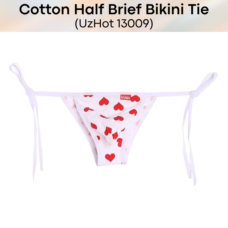 Men's Brief: Red Heart Print Bikini Tie Half Brief (UH13009)