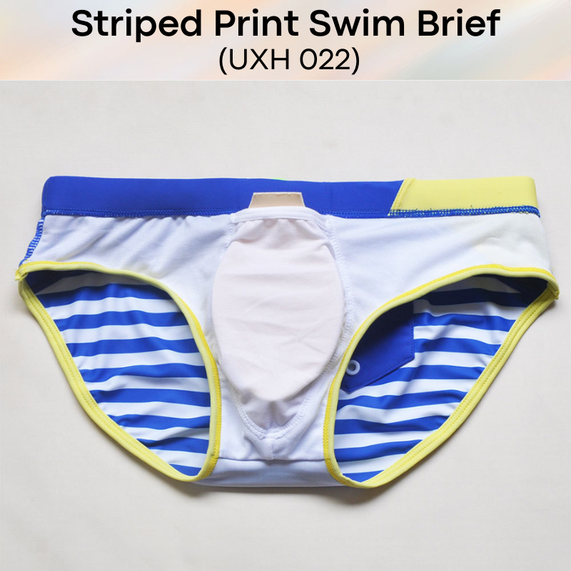 Men's Swimwear: Polyester Striped Print Swimming Brief Trunks (UXH022)