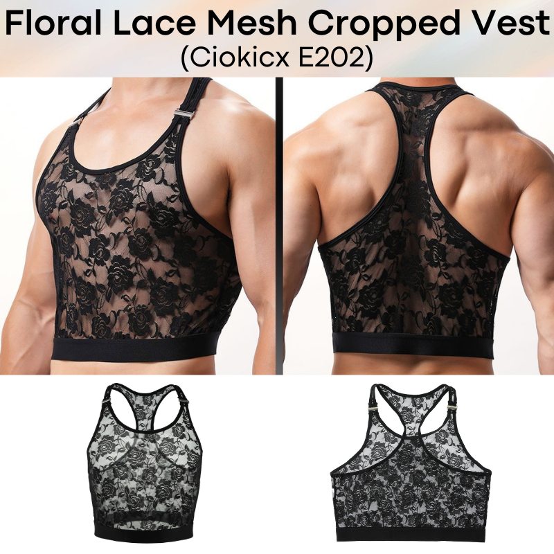 Men's Inner Tee: Polyester Floral Lace Mesh See Through Cropped Inner Vest with Removable Clip Underwear (E202)