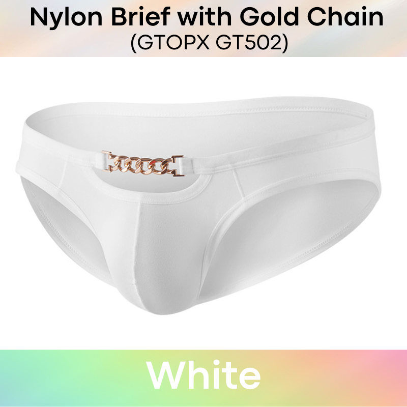 Men's Brief: Nylon Brief with Gold Metal Chain Accessory (GT502)