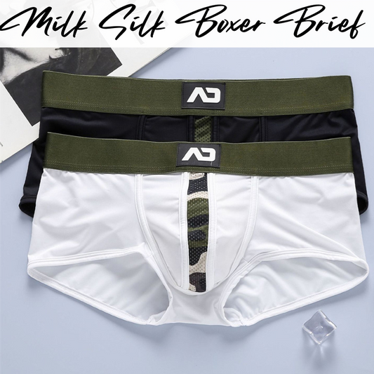 Men's Boxer: Milk Silk Boxer Brief with Middle Camou Mesh Strip Underwear (AD4 M300)