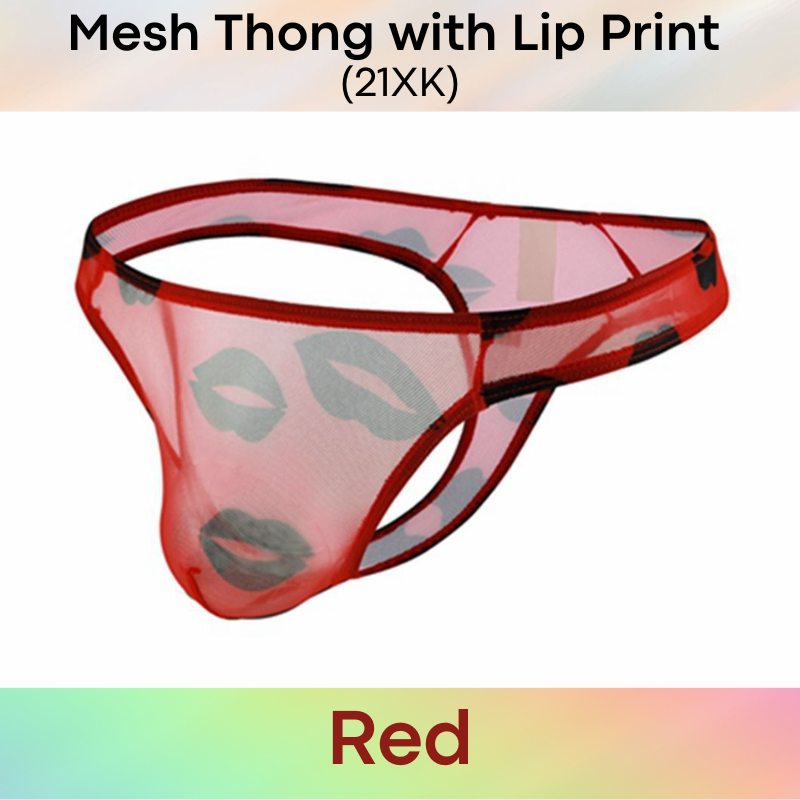 Men's Thong : Polyester Mesh Thong with Lip Print (21XK)