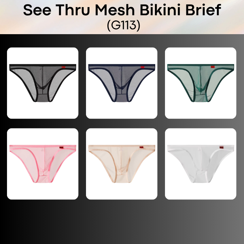 Men's Brief: Polyester Mesh See Through Bikini Brief Underwear (G113)