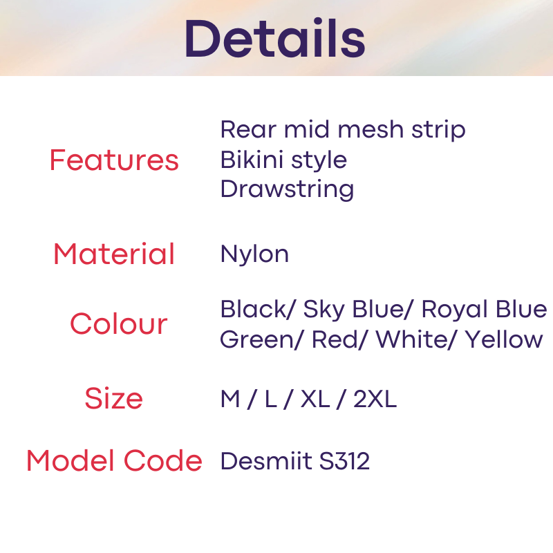 Men's Swimwear: Nylon Bikini Swimming Trunks with Drawstring and Rear Mid Mesh Strip (S312)