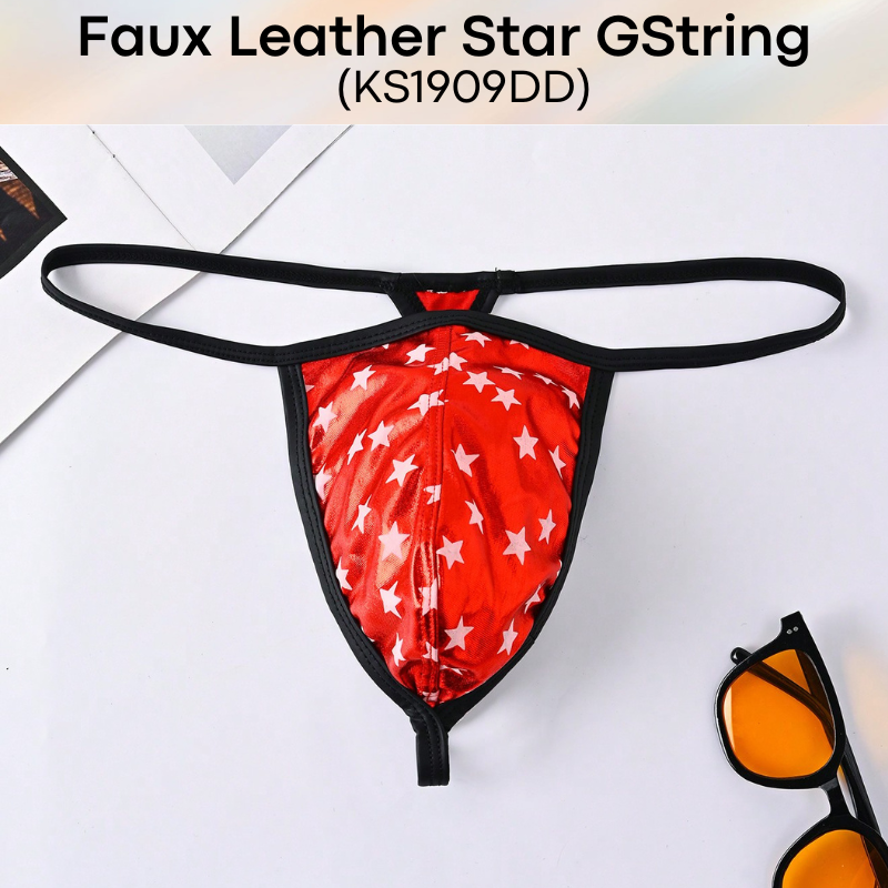 Men's GString: Polyester Faux Leather Star Print Design GString Underwear (KS1909DD)