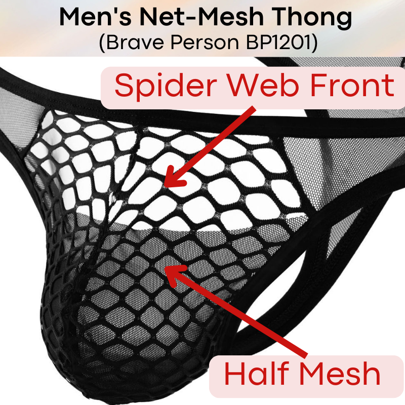 Men's Thong : Spider Web  Front with Half Mesh Front Thong Underwear (Brave Person BP1201)