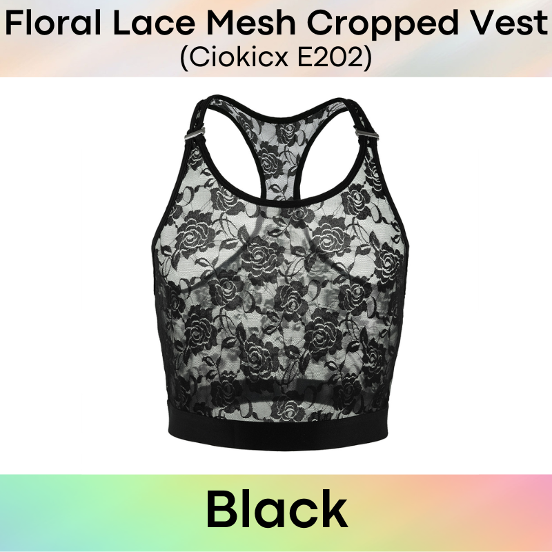 Men's Inner Tee: Polyester Floral Lace Mesh See Through Cropped Inner Vest with Removable Clip Underwear (E202)
