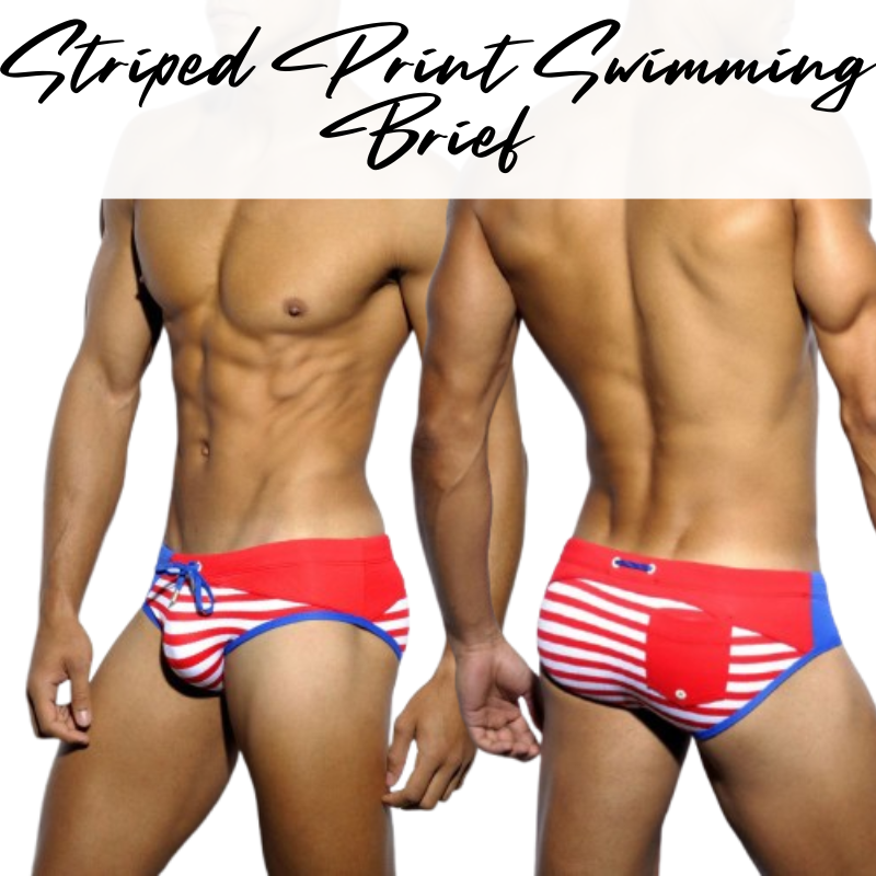 Men's Swimwear: Polyester Striped Print Swimming Brief Trunks (UXH022)
