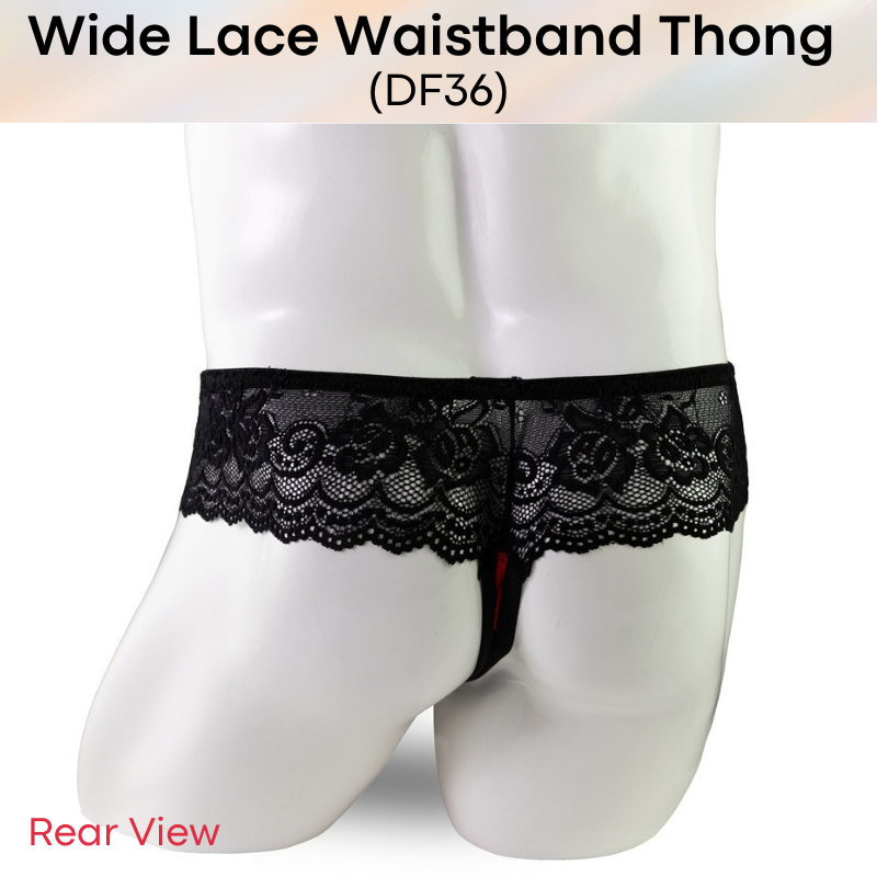 Men's Thong : Polyester Wide Lace Waistband with Mesh Pouch Thong (DF36)