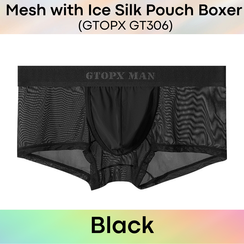 Men's Boxer : Nylon Mesh See Through with Non-Mesh Ice Silk Pouch Boxer Underwear (GTOPX GT306)