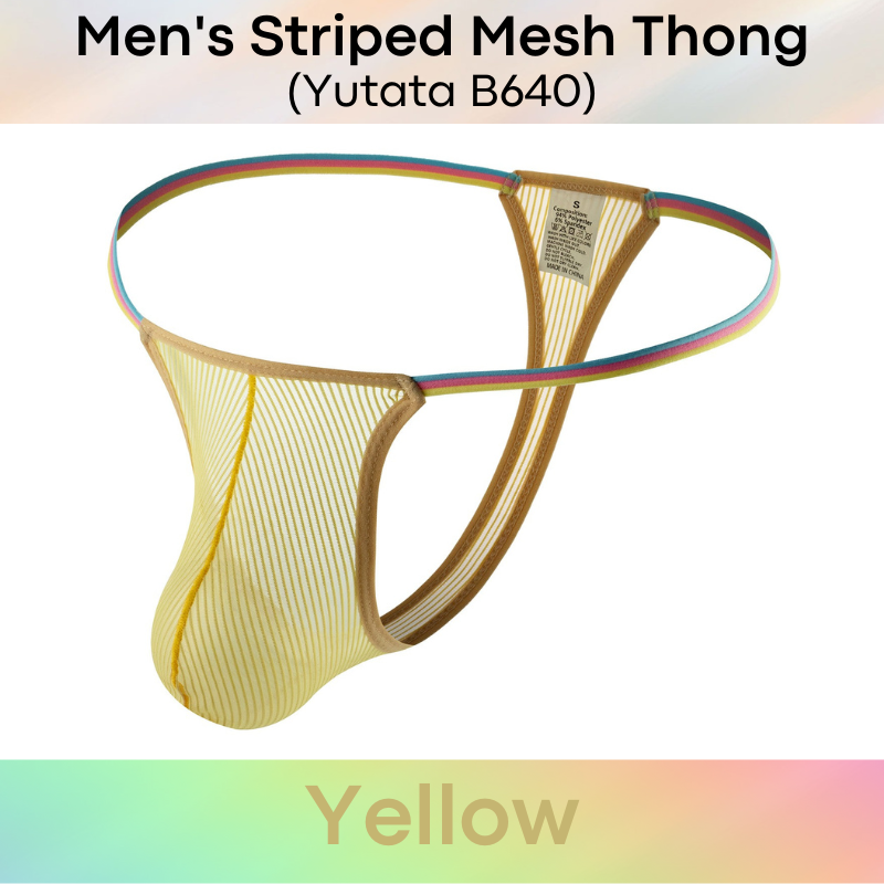 Men's Thong : Striped Mesh See Through with Thin Rainbow Waistband (Yutata B640)