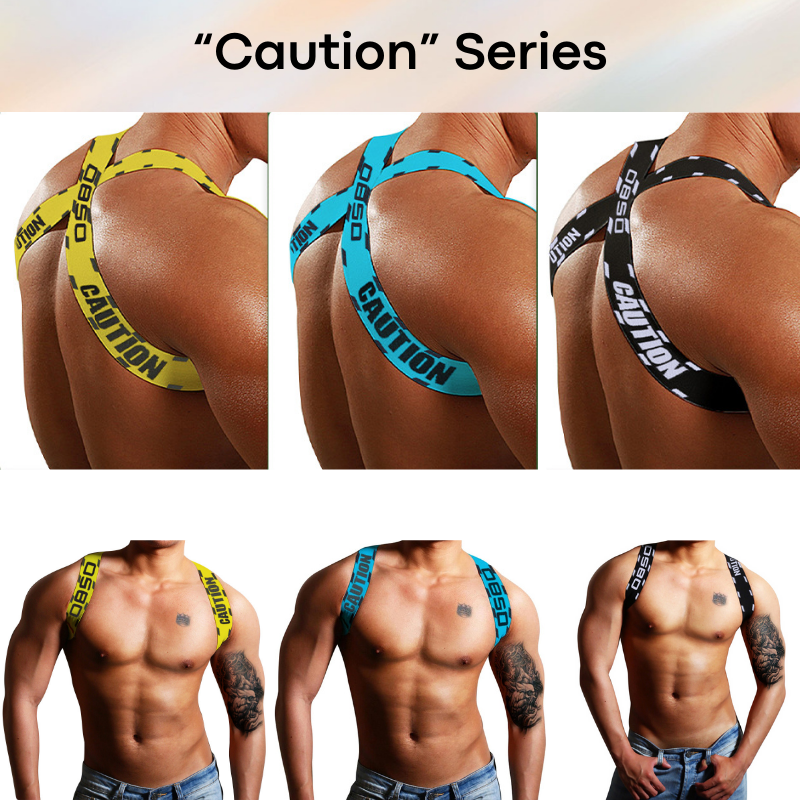 Men's Strap: Nylon Spandex Harness Back Cross Strap with Embroidered Logo/Text "0850 Caution" (BS8102)