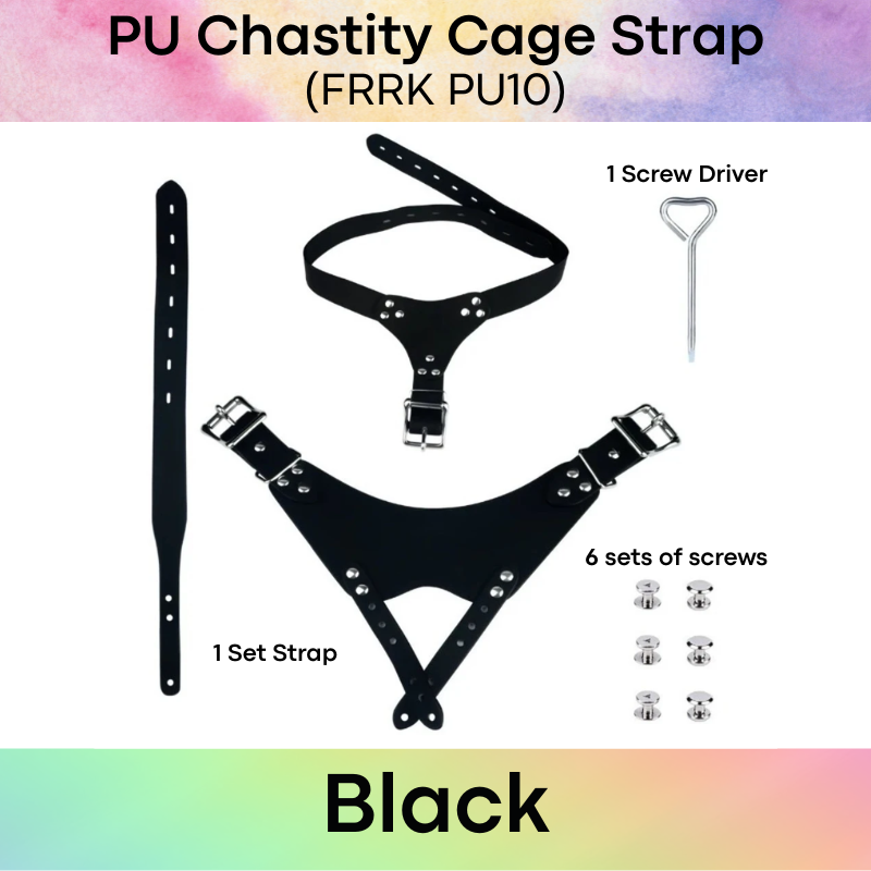 Adult Toy: Men's PU Chastity Cage Thong Strap with Lockable Belt and Tamper Proof Screw (FRRKPU10)