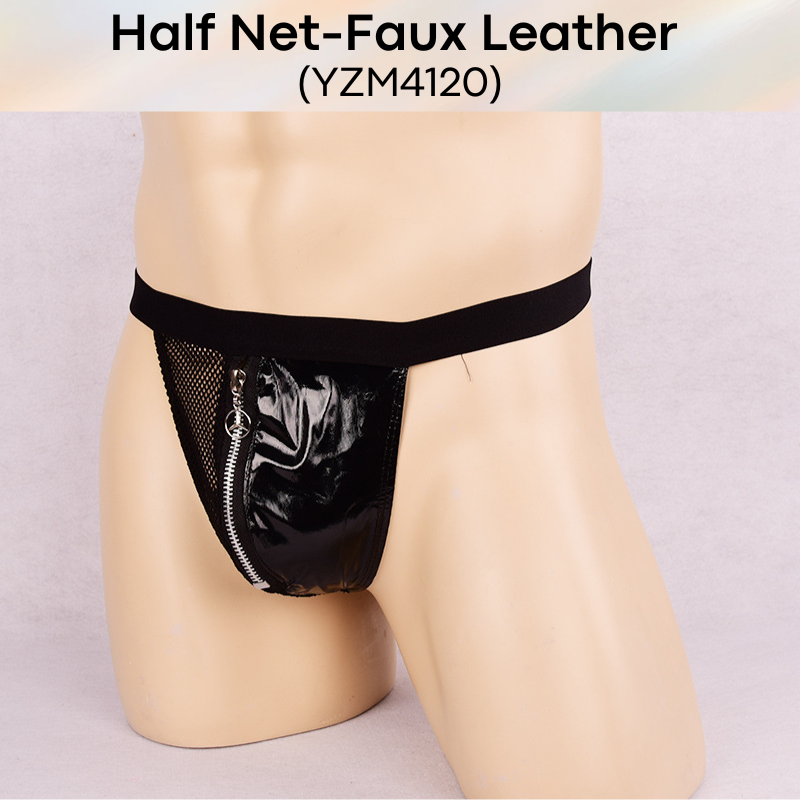 Men's GString: Half Net Half Faux Leather with Zipper Pouch GString Underwear (YZM4120)