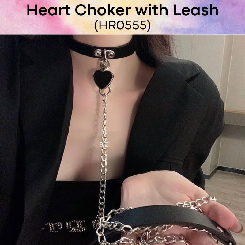 Unisex Choker: PU Heart Choker with Hand Leash for Roleplay (HR0555)
