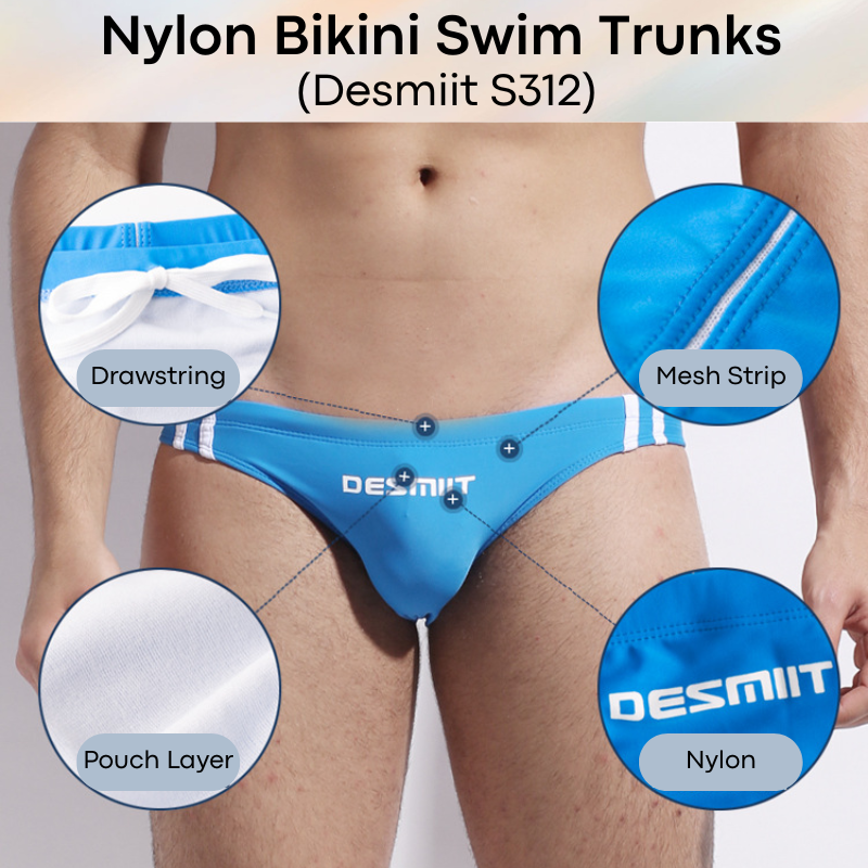 Men's Swimwear: Nylon Bikini Swimming Trunks with Drawstring and Rear Mid Mesh Strip (S312)
