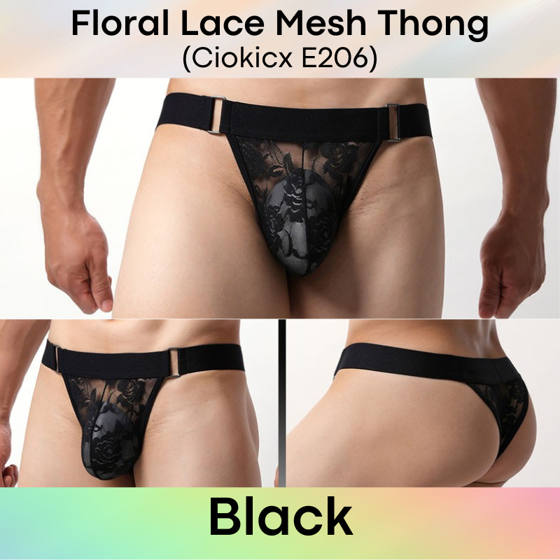 Men's Thong: Polyester Floral Lace Mesh See Through Thong Underwear (E206)