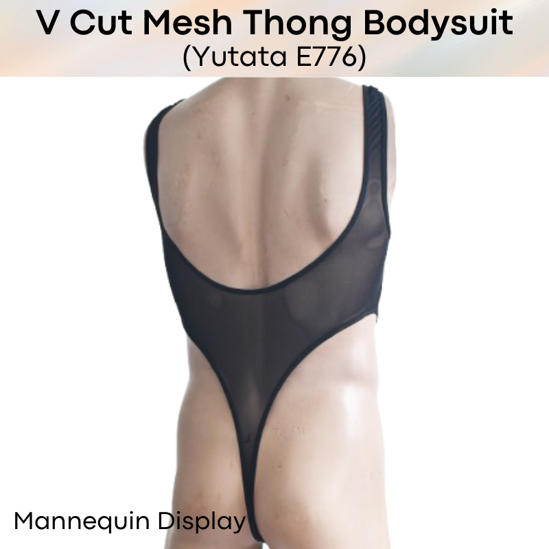Mens Bodysuit: Polyester Mesh V Cut Thong Bodysuit Underwear (E776)